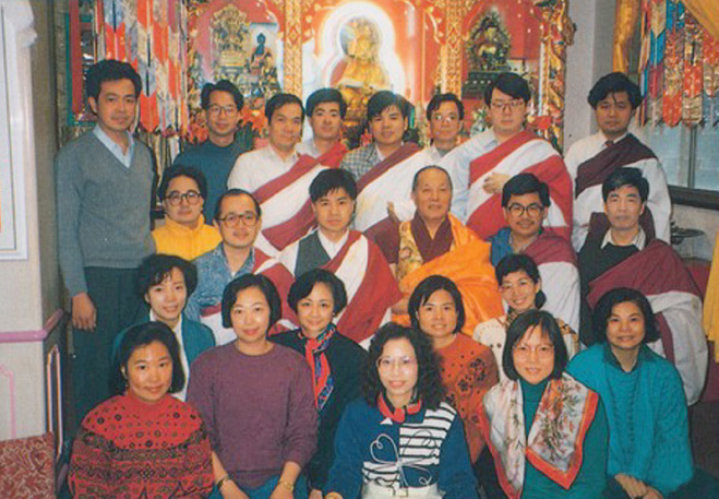 Lama Kan Tsao with students after Dzogchen Nyingthig Empowerment in H.K., 1991